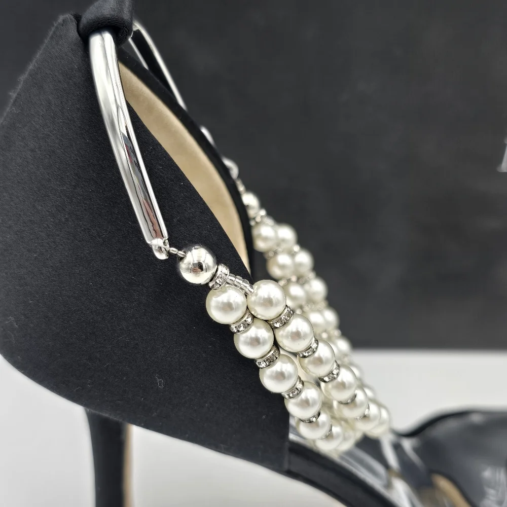 NIB Badgley Mischka Loretta Dual Pearl Strap Stiletto Heel Sandals, Black Satin - Picture 3 of 16